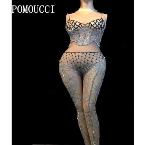 2020 Women New Sexy Silvery Rivet Stones Jumpsuit Party Bar Stage Outfits Nightclub DJ Singer Performance Costume Dance Wears