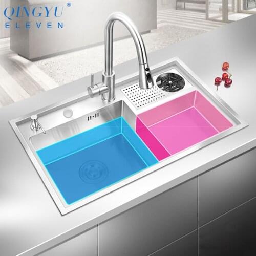 2021 New Cup Rinser Stepped Kitchen Sink 304 Stainless Steel Handmade Brushed Large Size Single Kitchen Cup Rinser Stepped Sinks