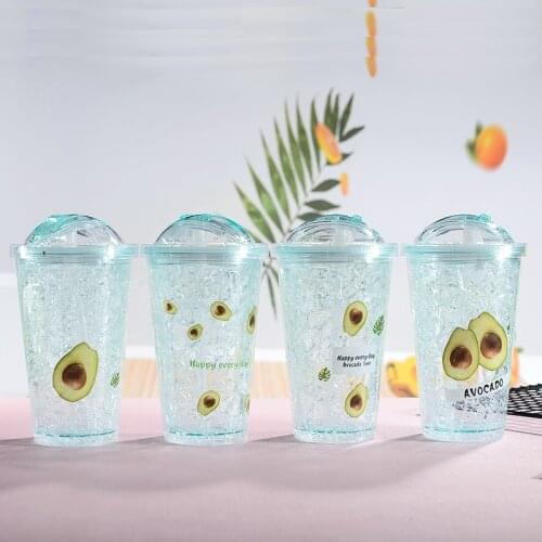 HOWTELEE Plastic Cup Double Summer Gel Straw Cup with Straw Push Cover Avocado Icecup Student Icecup