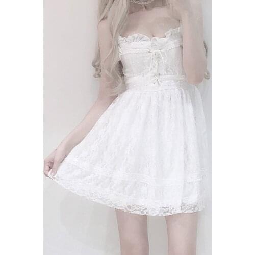 Japanese Sweet Cute Girly Lolita Dress 2021 Summer Kawaii Bow Lace Tube Top Suspender Dresses Fashion Sexy Sleeveless Mini Dress