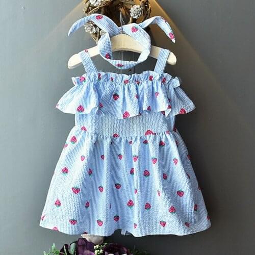 Girls Dresses 2020 Summer New Childrens Clothing Wear Girls Sweet Lovely Strawberry Strapless Ruffled Dress + Headband