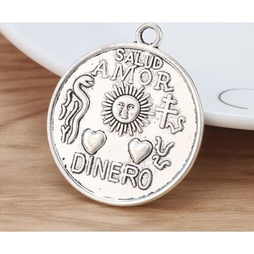 5 Pieces Silver Color Dinero Tetragrammaton Pentagram Pentacle Round Charms Pendants for Necklace Jewellery Making 35mm