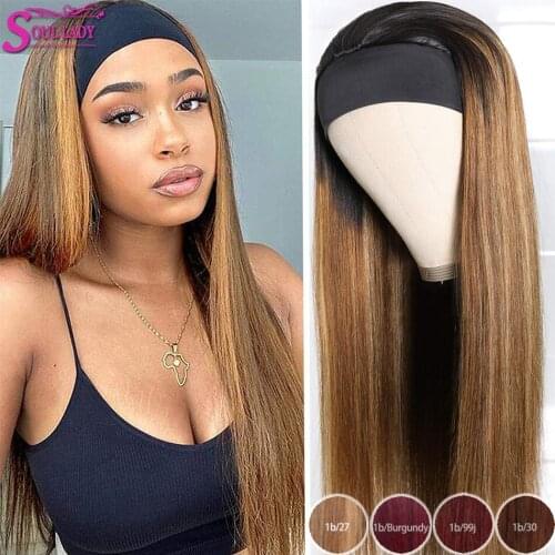 Straight Headband Wig Human Hair 1b 27 30 99j Burgundy Ombre Head band Wig Headband Scarf Wig Glueless Human Hair Wigs Halfwig
