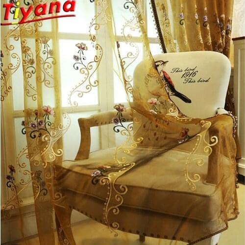 Luxury Golden Embroidered Tulle Curtains for Living Room Brown Embroidery Tulle Upscale Apartments Sheer Voile WP047#40