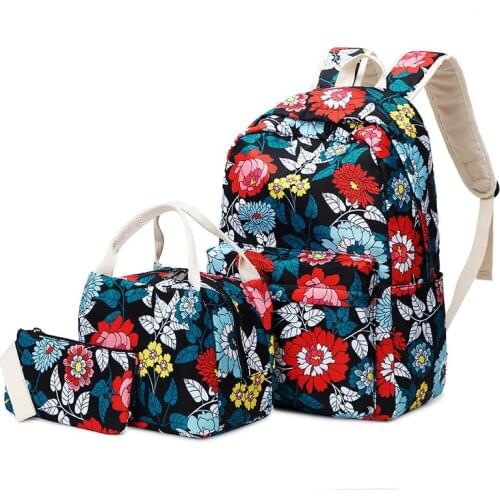 3pcs/Set Waterproof Nylon Flower Printing Backpack Women Schoolbag for Teen Girls Lunch Box Laptop Rucksack Student Travel bag