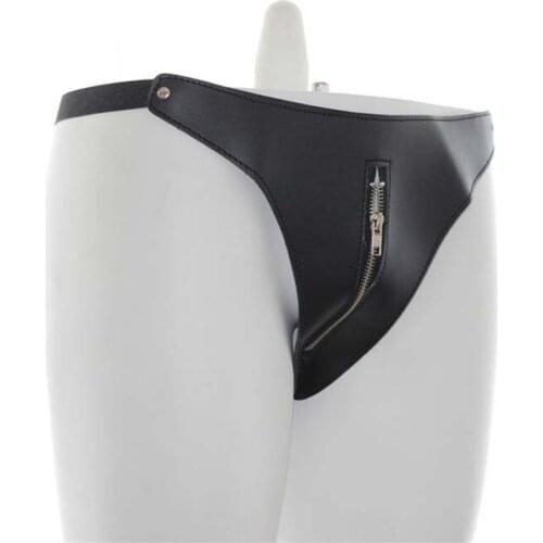 Sexy Women Fetish Faux Leather G-String Lingerie with Front Zipper Open Crotch Bikini Underwear Briefs Thongs Hot Pants