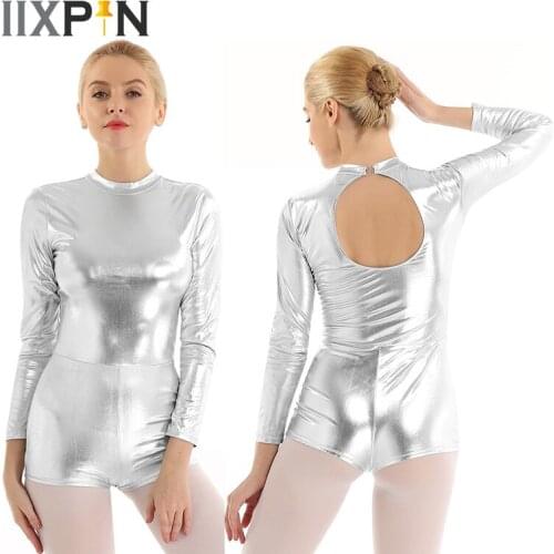 Shiny Metallic Mock Neck Ballet Leotard Women One Piece Long Sleeves Keyhole Back Leotard Performance Dance Costume Biketards