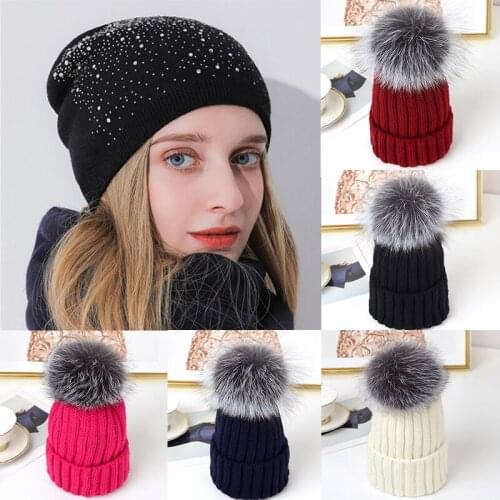 Women Fur Hat for Winter Thermal Knitted Pompom Skullies Beanies Female Fur Pom Pom Headgear High Quality Warm Beanies Cap