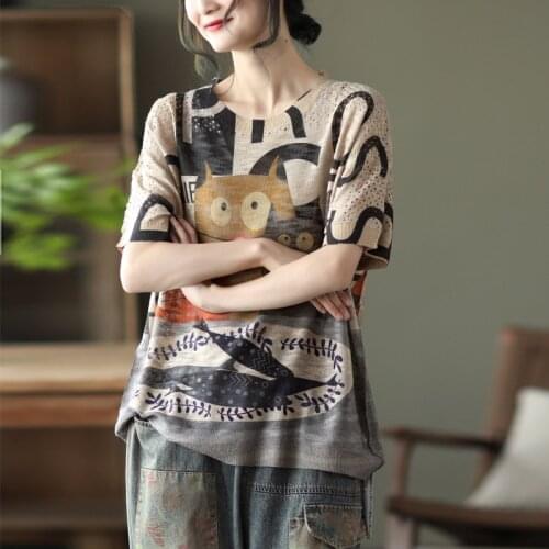 Women Knitting T-shirt Spring Summer Retro Casual Pullovers Loose Tops Women New O-Neck Short Sleeve Print All-match T-shirt