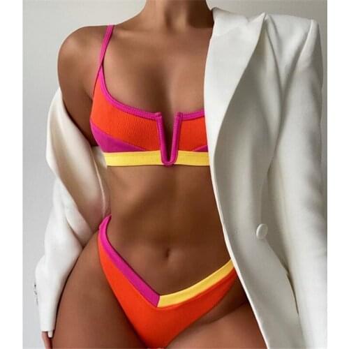2Pcs Women Ribbed Bathing Suits Solid Color Block Spaghetti Strap Padded Bikini Tops+Swimming Bottoms Mujer High Waist Swimwear