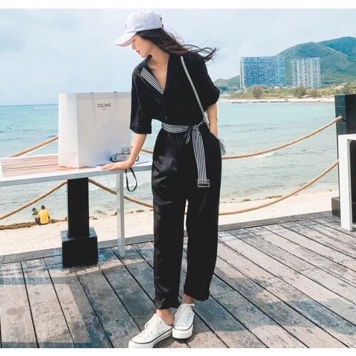 Women Fashion Splice Stripe Bandage Black Jumpsuit Summer Female Slim Elegant Straight One Piece Pants Street Hip Hop Overalls