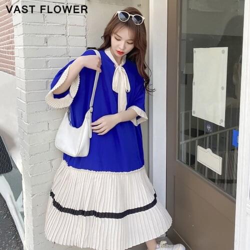 Pleated Patchwork Summer Shirt Dress Women Korean Style Plus Size Short Sleeve Casual Loose Fashion Elegant Clothes Dresses 2021