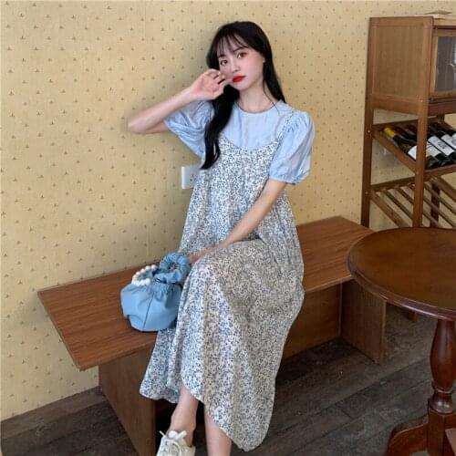 2021 new summer French retro print waist down slim suspender Chiffon Floral Dress dresses women dresses woman dress