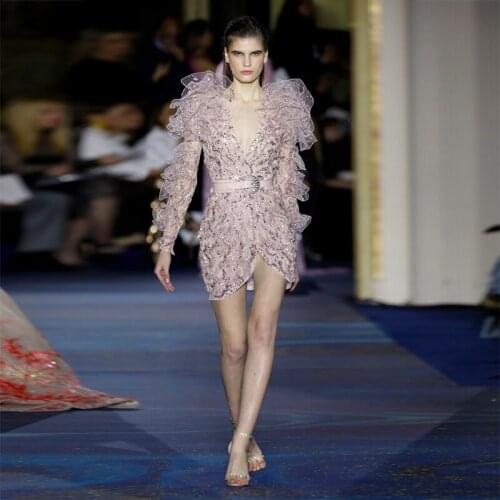 Newest Fashion Show 2019 Long Sleeve Mesh Ruffles Sexy Sequin Women Summer Dress V Neck Beige Celebrity Party Dresses Wholesale