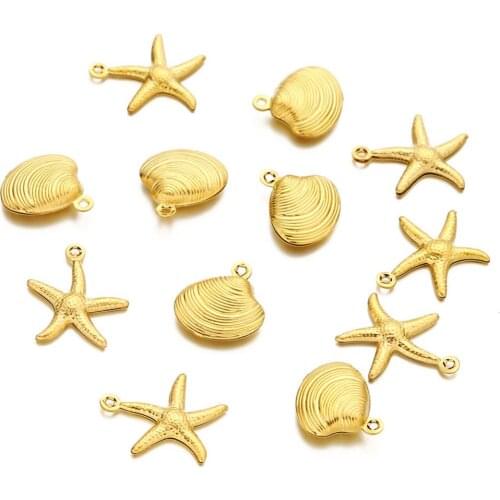 100% Stainless Steel Shells & Starfish Charm For Jewelry Making Gold/Silver Color Metal Shells & Starfish Charm Wholesale 100pcs