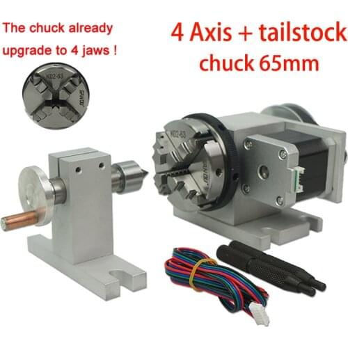 4jaw Chuck 4axis A rotary axis add Tailstock and CNC Rotary A 4th Axis chuck 65mm for Engraver Milling Machine