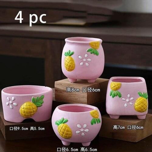 4pc/ Set Cartoon Fruit Shape Flower Pots Cute Pineapple Figurines Flowerpots Miniature Model Crafts Home Garden Decoration
