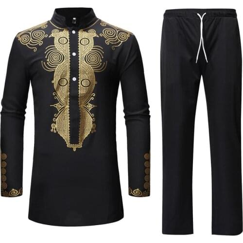 African Clothes 2022 Fashion Black African Dashiki Printed Tops Pant Set 2 Pieces Outfit Set Streetwear Casual African Suit Men