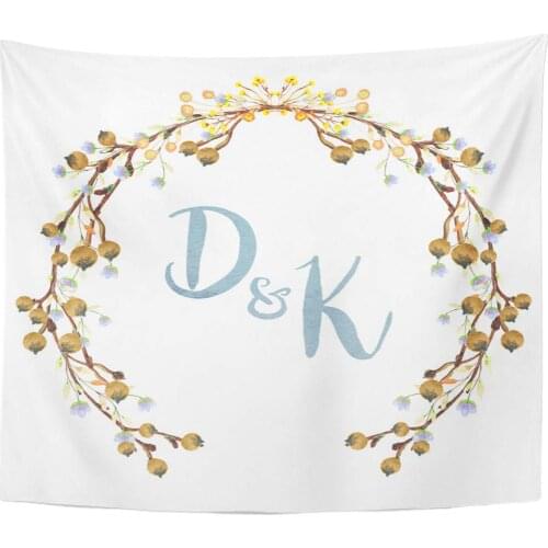 Watercolor Wedding Wreath Monogram Floral in Green and Pastel Colors on White Save The Date Thank You Tapestry Home Decor Wall