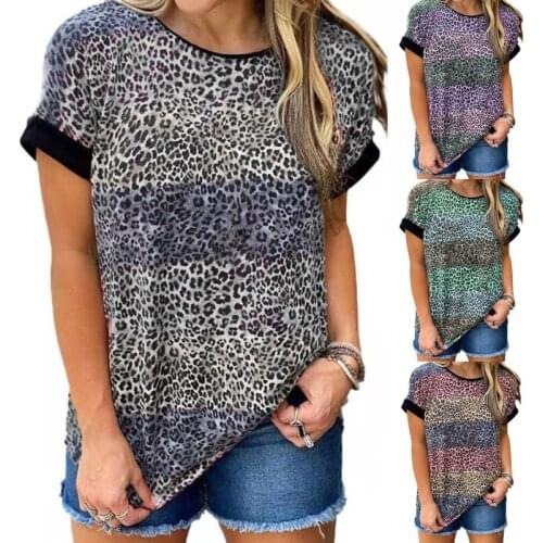 Color Leopard T-shirt Fashion Striped Tops Tee Shirts Women Clothes 2021 Summer Short Sleeve Top Casual O-neck Loose Tees