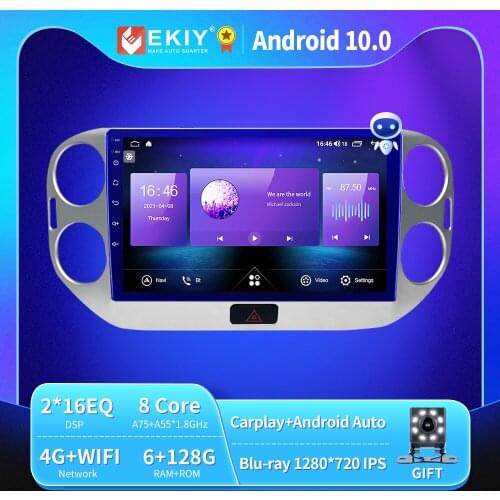 EKIY 6+128G Android 10 Car Radio For Volkswagen VW Tiguan 2010-2017 Multimedia 1280*720 IPS/QLED Navi GPS Autoradio no 2 din DVD