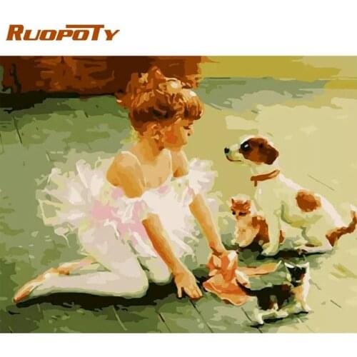 RUOPOTY Oil Painting By Numbers Kits For Adults Kids Little Girl And Dog Figure Picture By Number 40x50cm Framed On Canvas Craft