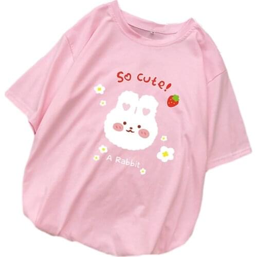 Womens Short Sleeve T-Shirt Summer New Casual Harajuku Strawberry Rabbit Cartoon Printed T Shirt Kawaii y2k Top Female Clothing