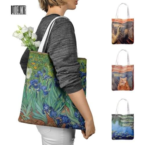 3D Irises Sunflower Canvas Shopping Bag Oil painting Tote Bag Purse Umbrella Clothing Grocery Storage Bag Women Portable Handbag