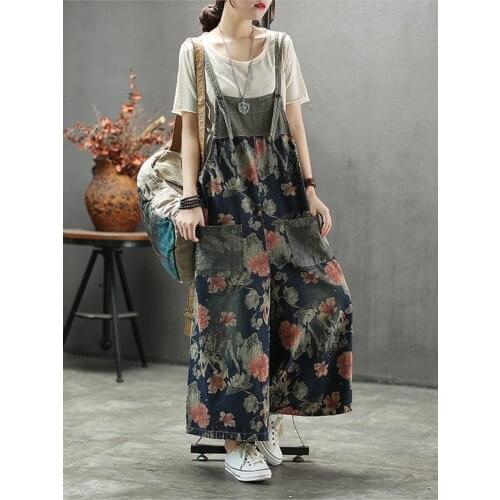 Summer Jumpsuits Jumpsuits Large size Loose Casual Rompers New Ladies Retro Print flower pocket Denim Overalls 2019