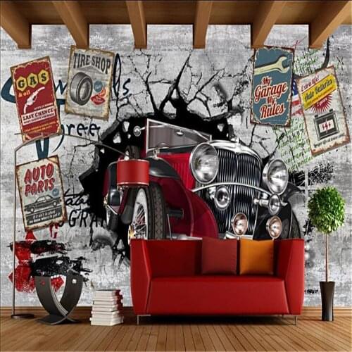 Milofi custom 3D stereo wallpaper mural nostalgic retro broken wall classic car restaurant bar internet cafe background