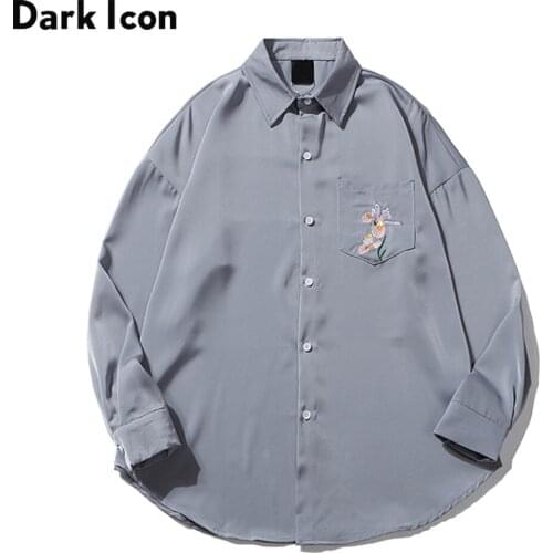 Dark Icon Floral Embroidery Pocket Mens Shirt Street Fashion Autumn Shirts for Men Male Blouse
