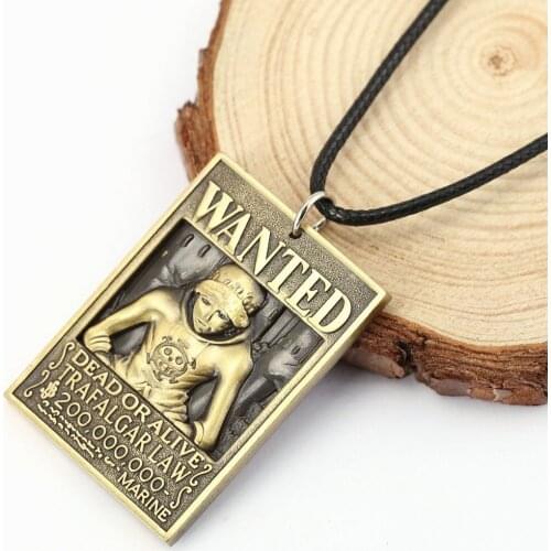 H&F Men Jewelry One Piece Anime Dog Tag Military Card Pendant 3D Trafalgar Law Wanted Necklace pendant hot sale rope necklace