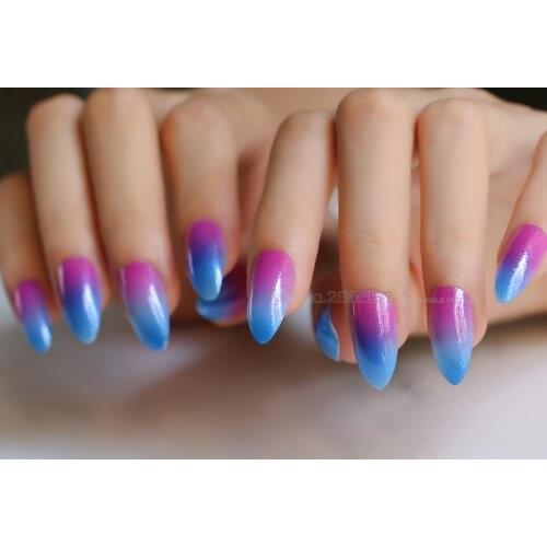 Blue, red gradient glitter false nails 24pcs Pointed fake nails Stiletto Full set shiny change Pointed active with Sticker