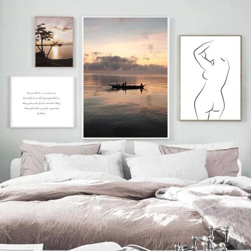 Sunset Sea Ship Abstract Line Girl Quotes Nordic Posters And Prints Wall Art Canvas Painting Wall Pictures For Living Room Decor