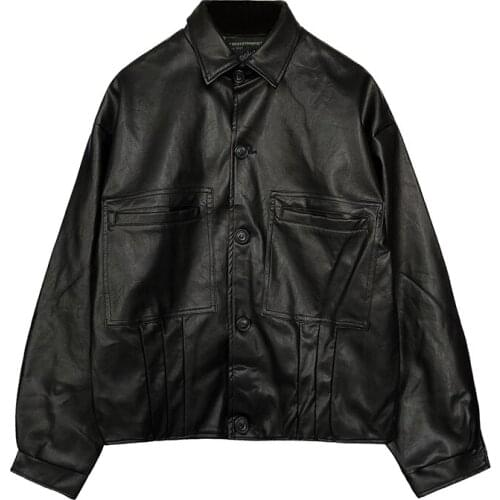 Single Breasted Long Sleeve Coat Mens Wear Vintage Trendy Pu Leather Jackets for Male 2021 Autumn New Loose Coat