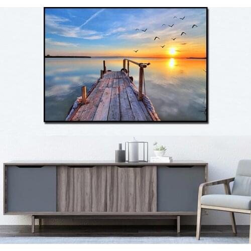 Poster Modern Landscape Print Sunset and Pier Sea Wall Art Painting Living Room New Style Home Decor Frameless Canvas