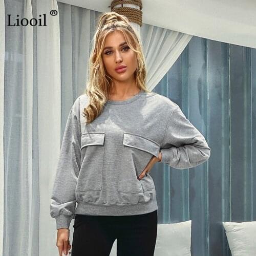 Casual Sweatshirt Women 2020 Autumn Winter Clothes Long Sleeve O Neck With Pockets Female Gray Streetwear Pullovers And Hoodies