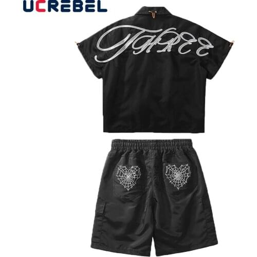 Letter Embroidery Casual Suit Mens Summer Streetwear Two-piece Suit Loose Sports Suit Men