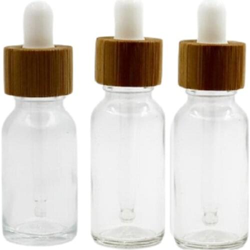 Empty Clear Glass Bottle Bamboo Wood Ring White Top Essential Oil Pipette Vials Essence Packaging 10ml 15ml 20ml 30ml 50ml 100ml