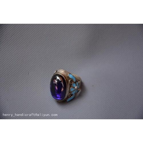 Rare Old Old China Cloisonne &sapphire pendantcarved silver ring,free shipping