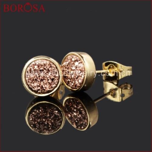 BOROSA 8mm Gold Color Round Rose Golden Natural Crystal Druzy Stud Earrings Drusy Geode Earring for Women Fashion Earrings 198-5