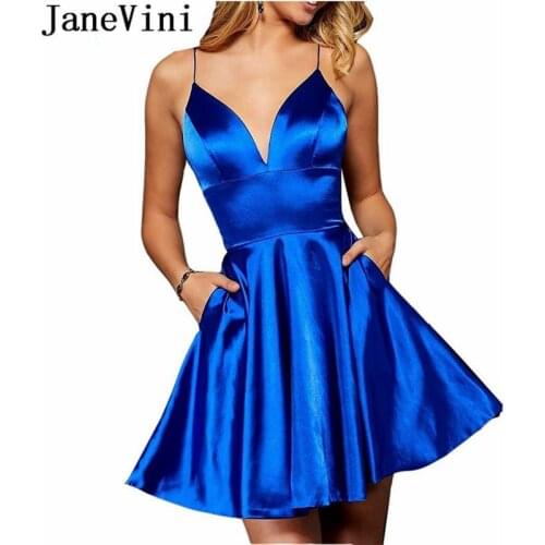 JaneVini Sexy Spaghetti Straps Short Homecoming Dresses with Pockets Mini Royal Blue Elastic Satin Party Dress Cocktail Gowns