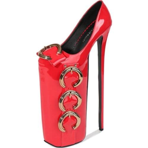 Metal buckle red tarp high-heeled shoes pole dancing nightclub ladys shoes party large womens fashion single shoes