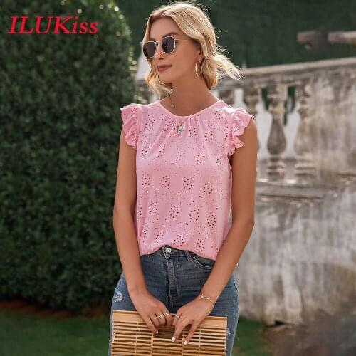 Casual Hollow Out Sleeveless White Tops For Women Summer 2021 Fashion Pink O Neck Tank Top Blouses Tee Shirt Femme Lady Clothes