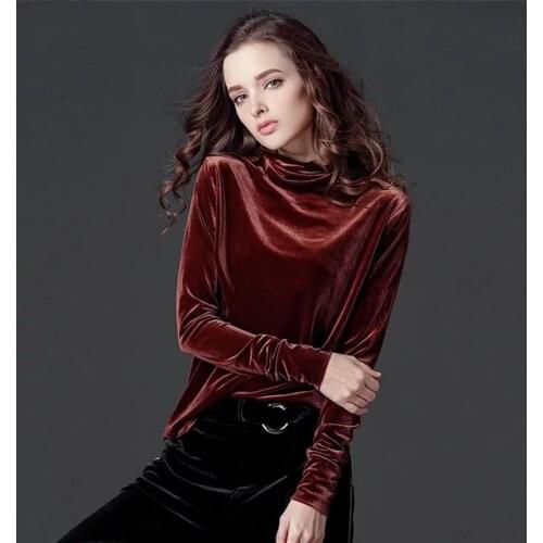 Plus size M-6XL 7XL Velvet shirts women vintage long sleeve Turtleneck velvet blouse female top Basic velour shirt black green