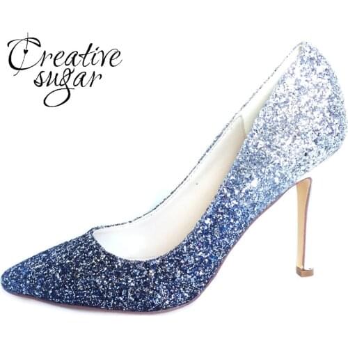 Creativesugar blue 3D glitter Gradient color pointed toe lady pumps bling shining bridal wedding party dress shoes high heels
