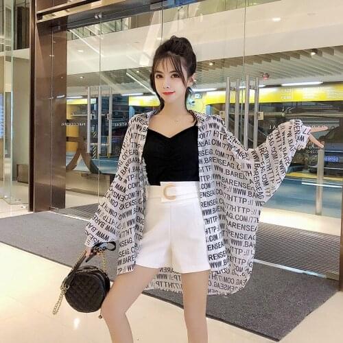 2021 New Summer Womens Knitted Condole belt + Lantern Sleeve Sunprevent Clothes + High Waist Wide Leg Shorts 3 Piece Sets Lady