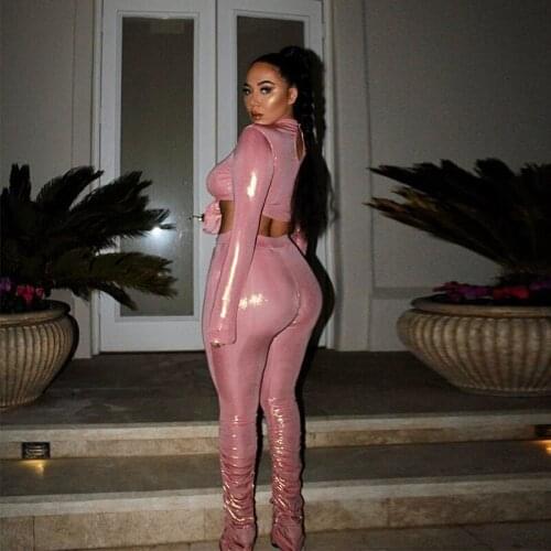 2020 New Fashion women two piece set Fall High Neck Hollow Open Abdomen Long Sleeve Top Slim Fit Hip Folding Pants Set