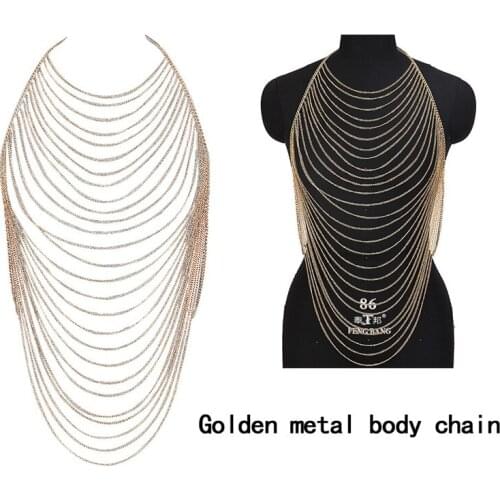 Gold Metal Body Shoulder Chain Dance Tops Luxury Metal Multi-layer Fringe Chain Beach Party Rave Fashion Jewelry for Womens