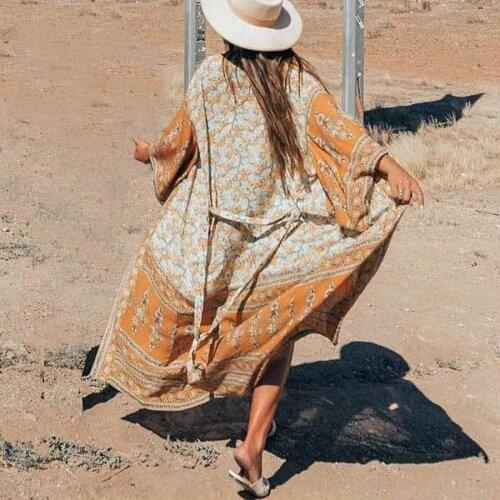 AYUALIN Silky polyester kimono robe Wrap dresses sexy V-neck autumn golden floral print dress beach wear boho long women dresses